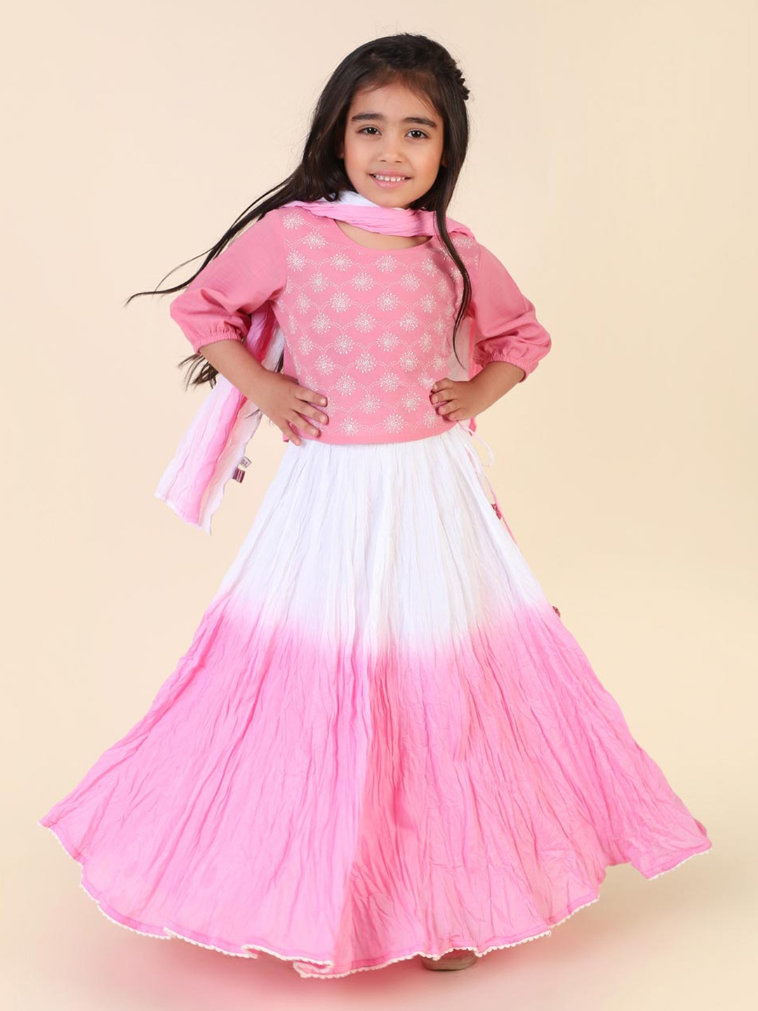 

Fabindia Girls Embroidered Ready to Wear Lehenga & Blouse With Dupatta, Pink