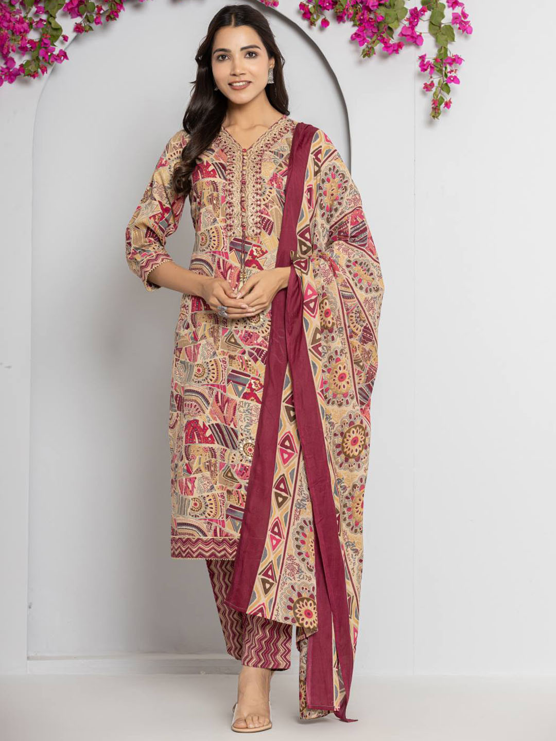 

Varanga Women Abstract Printed Neck Embroidered Regular Kurta with Trouser & Dupatta, Pink