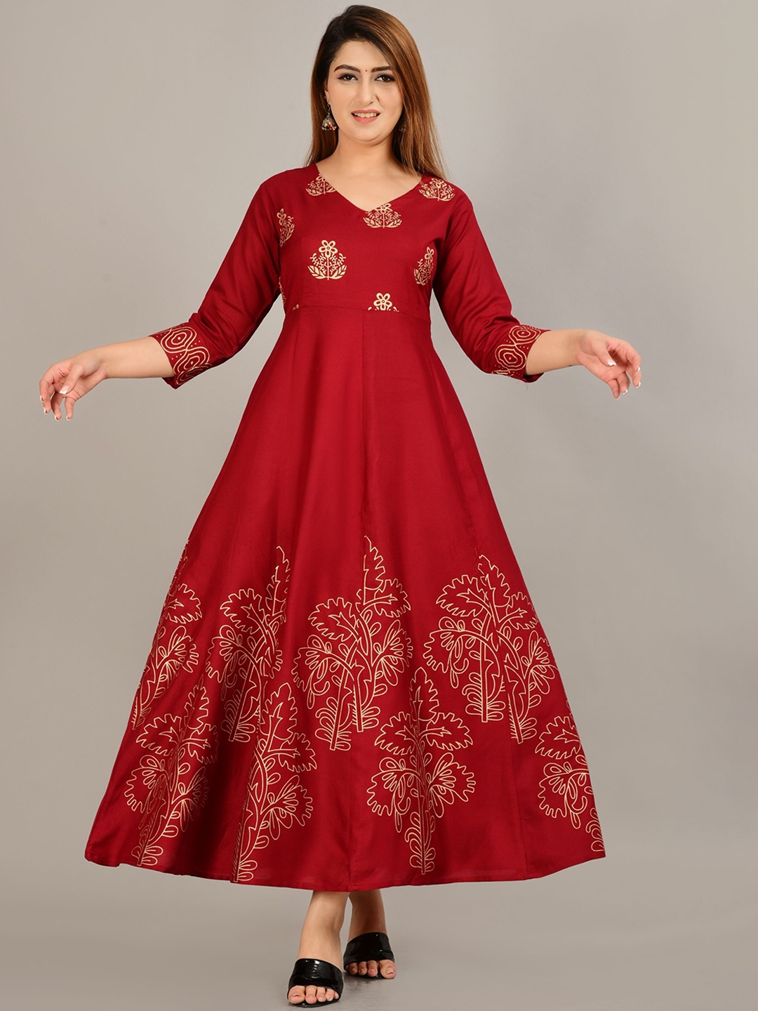 

NEW STYLISH Women Floral Printed Thread Work Floral Anarkali Kurta, Maroon