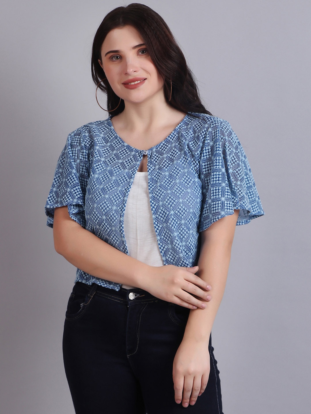 

Dressitude Women Crop Button Shrug, Blue