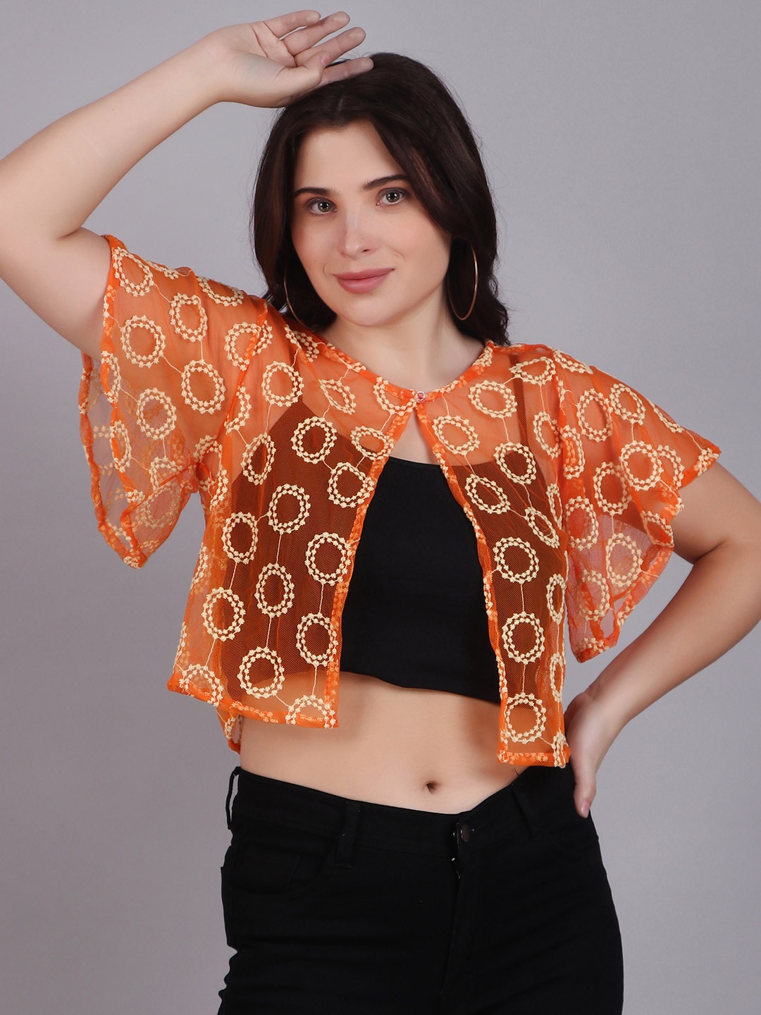 

Dressitude Self Design Cotton Crop Button Shrug, Orange