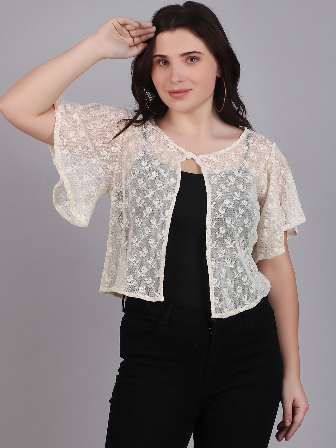 

Dressitude Self Design Cotton Crop Button Shrug, Beige