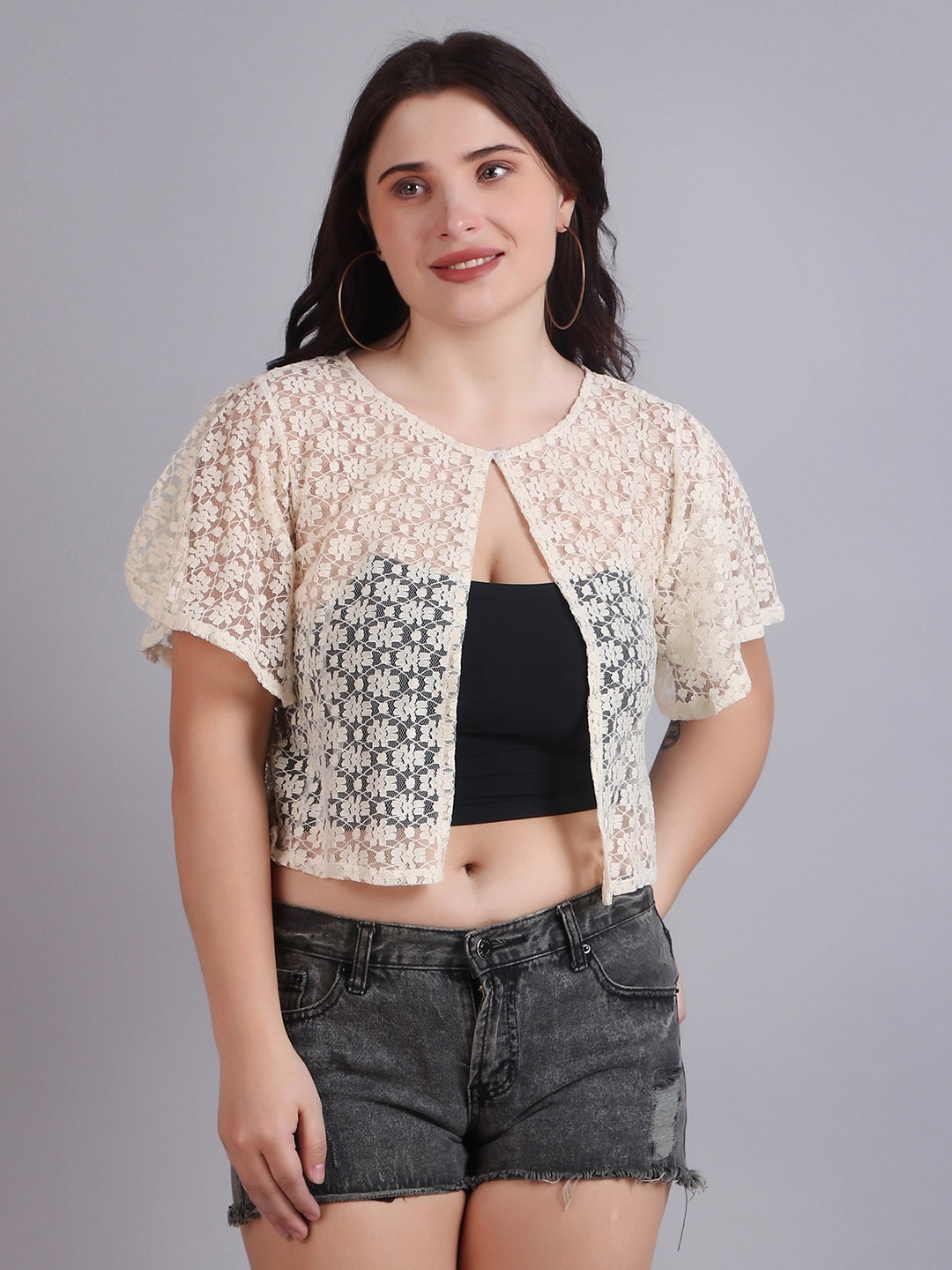 

Dressitude Self Design Cotton Crop Button Shrug, Beige