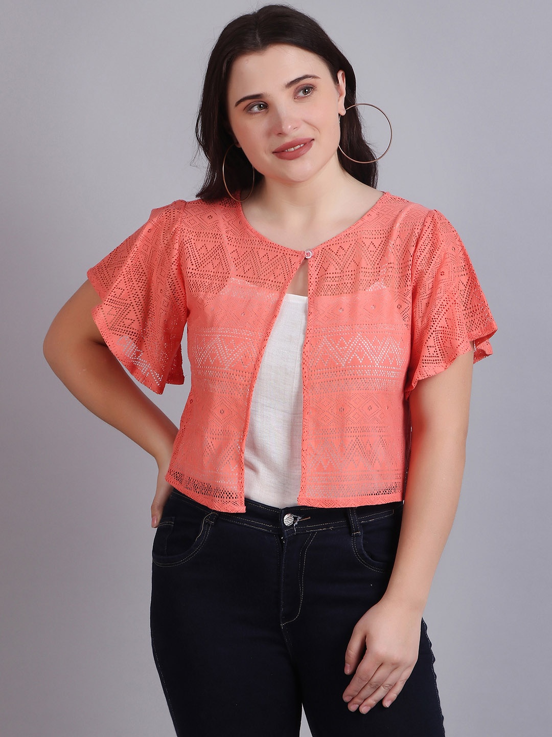 

Dressitude Self Design Crop Button Shrug, Peach
