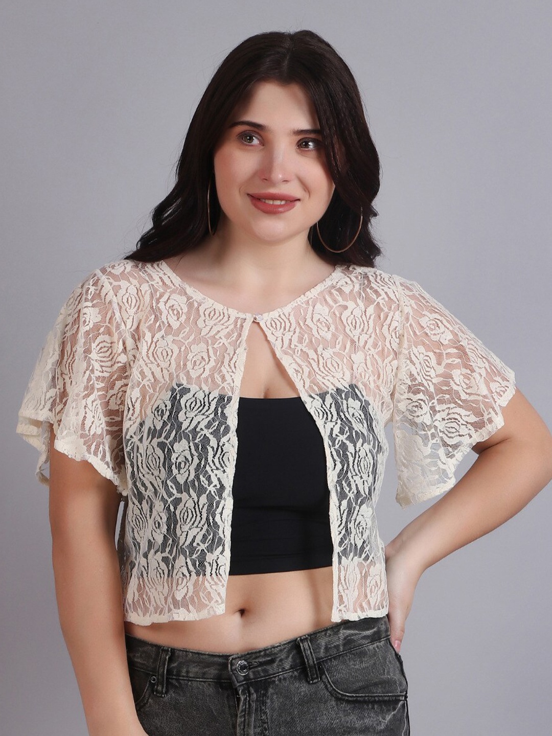 

Dressitude Women Crop Button Self Design Shrug, Beige