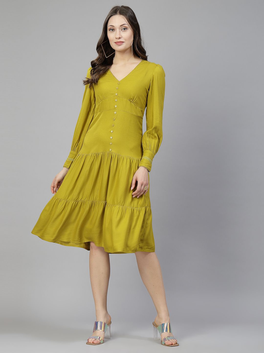 

aayu Women V-Neck A-Line Dress, Lime green