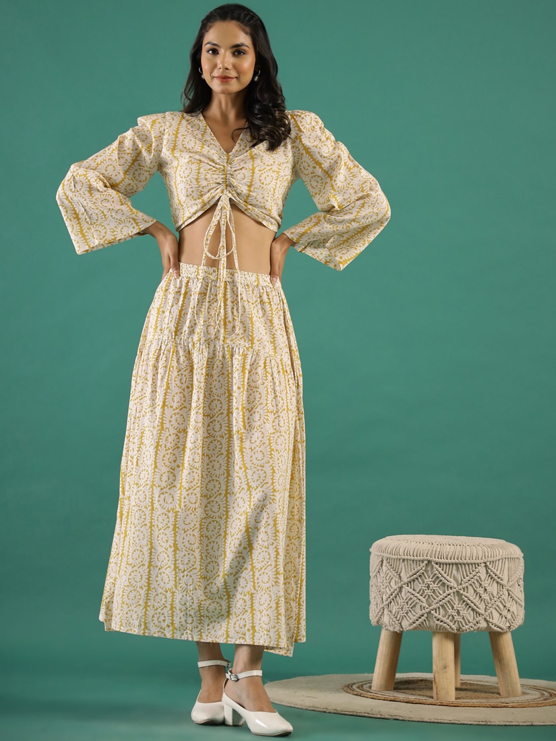 

RangDeep Printed Pure Cotton Top & Skirt Co-Ord, Yellow