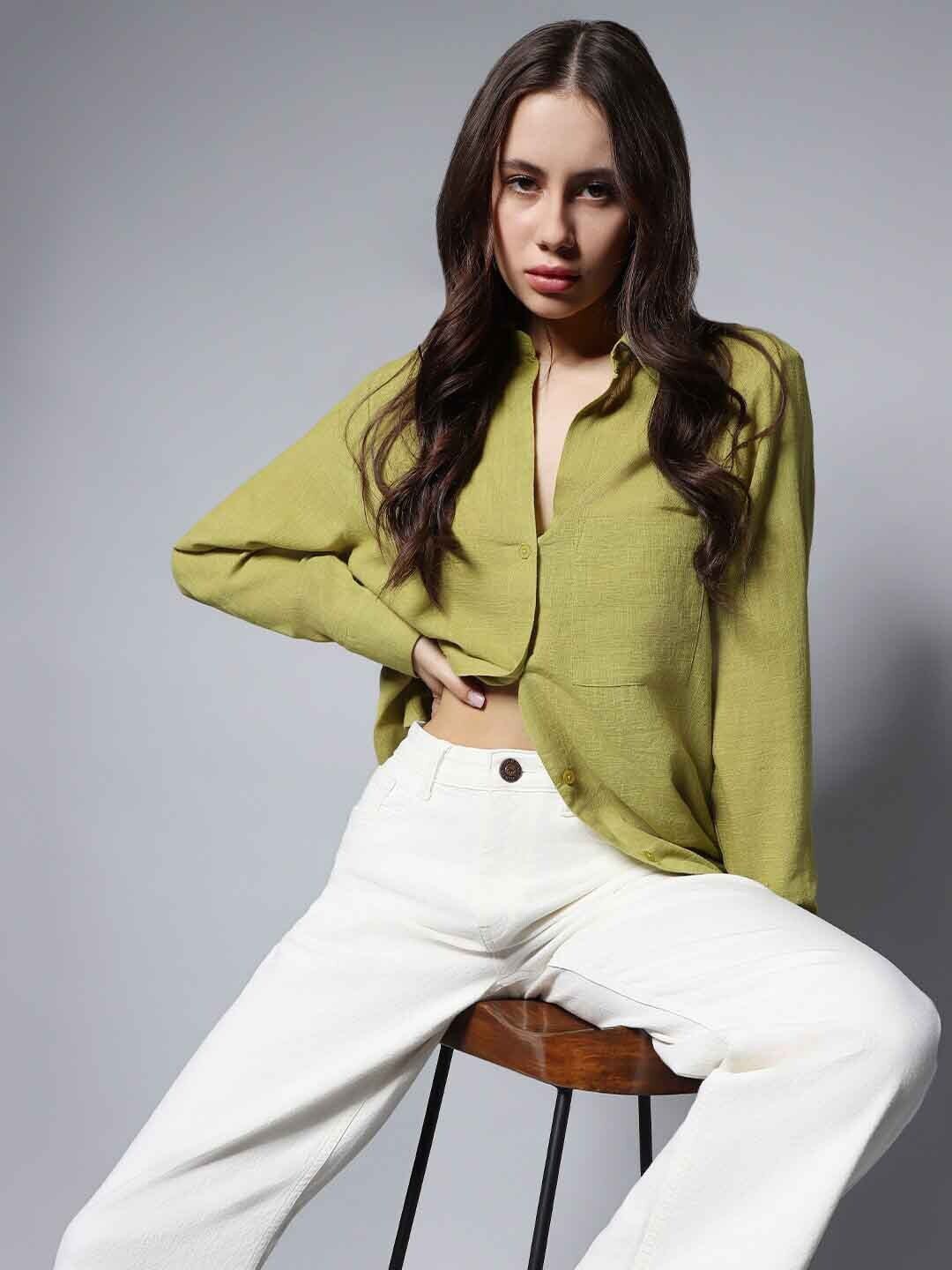 

Fab Star Women Classic Opaque Casual Shirt, Green