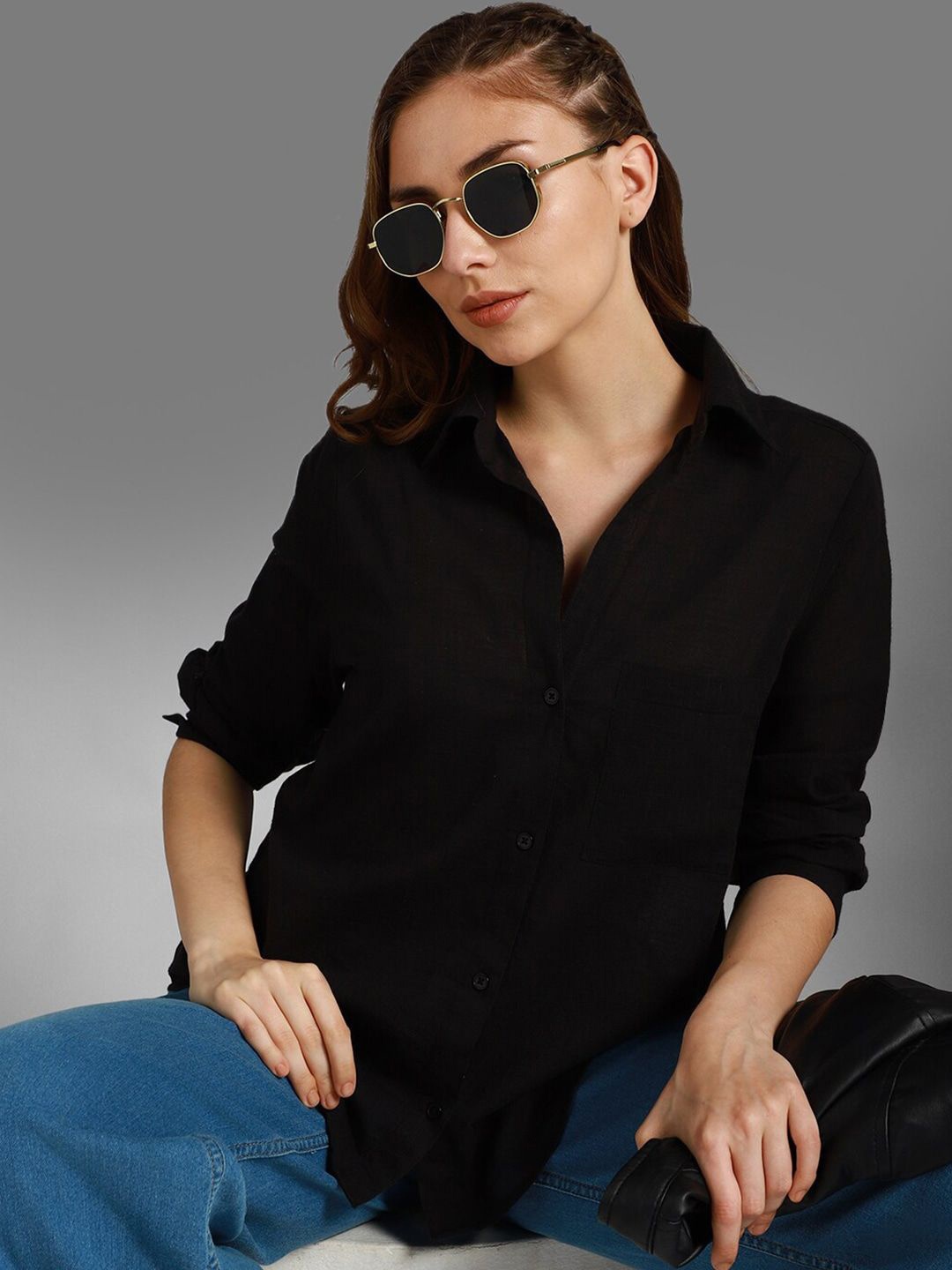 

Fab Star Women Classic Opaque Casual Shirt, Black
