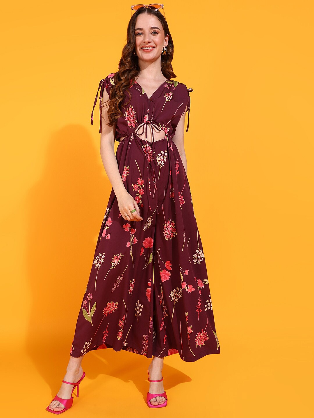 

Fashfun Floral Printed Basic Jumpsuit With Waist Tie-up, Purple