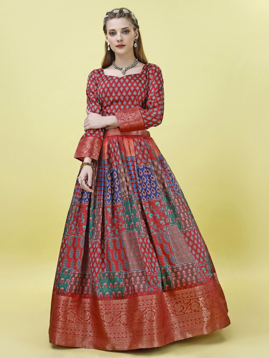 

White World Women Printed Semi-Stitched Lehenga & Unstitched, Red
