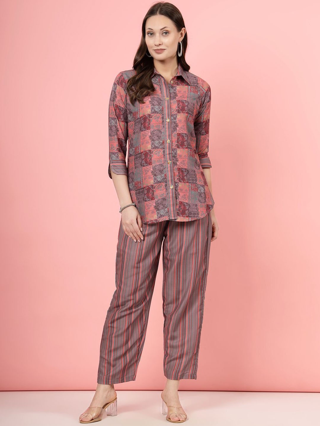 

Clora Creation Floral Printed Shirt with Trousers Co-Ord Set, Peach