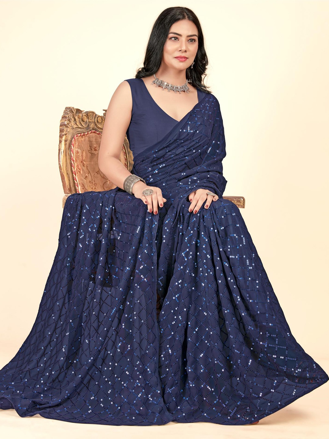 

THE52 Embellished Sequinned Pure Georgette Saree, Blue