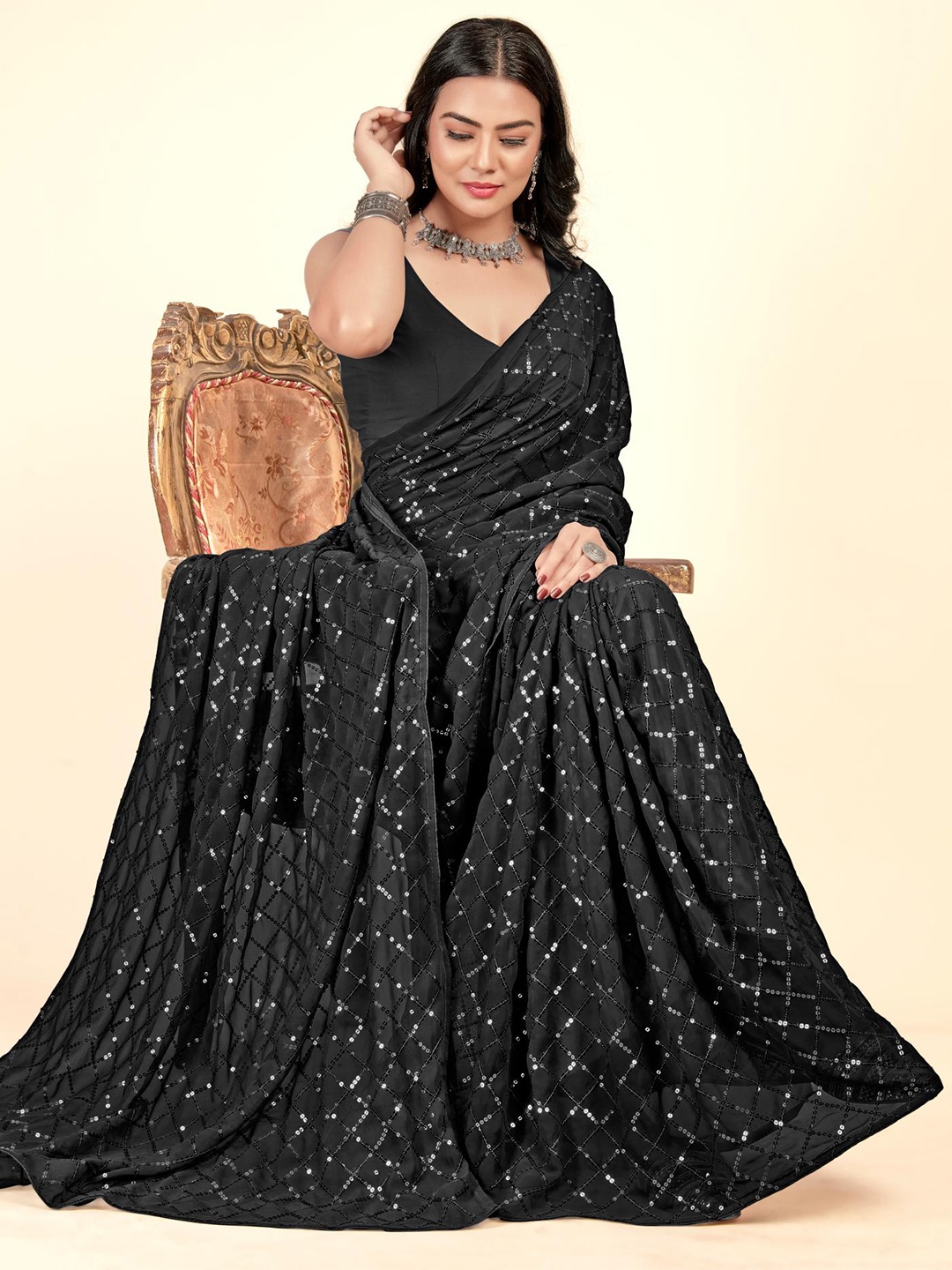 

THE52 Embellished Sequinned Pure Georgette Saree, Black