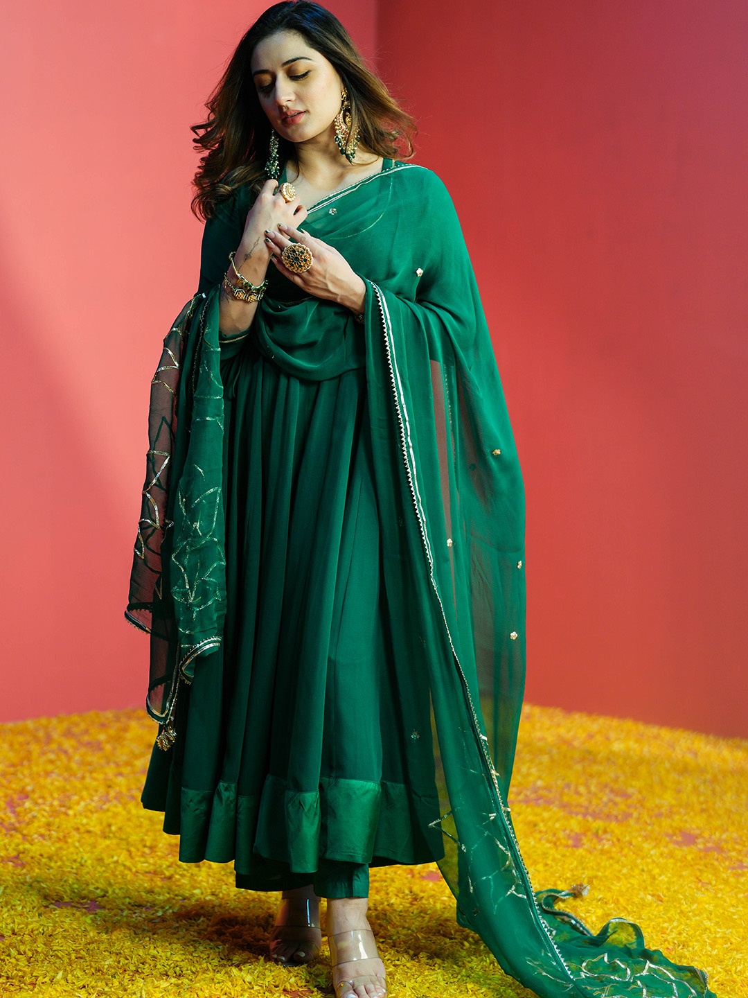 

Bunaai Women Anankali Kurta with Trousers & With Dupatta, Green