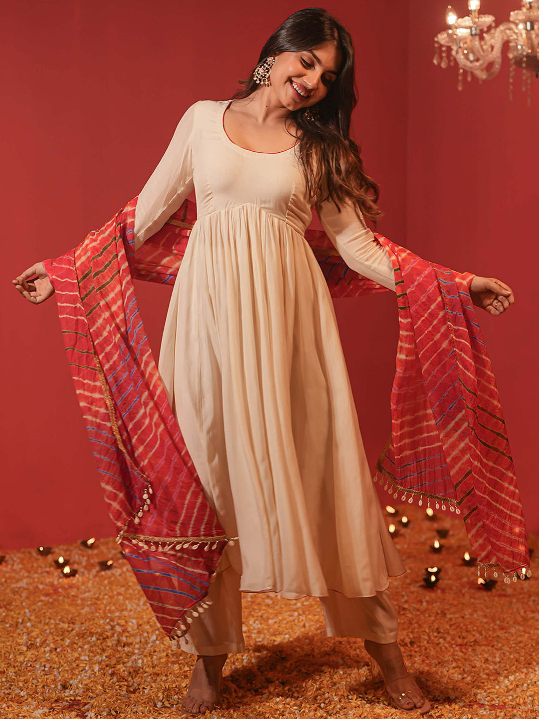 

Bunaai Women Panelled Kurta with Trousers & With Dupatta, Beige