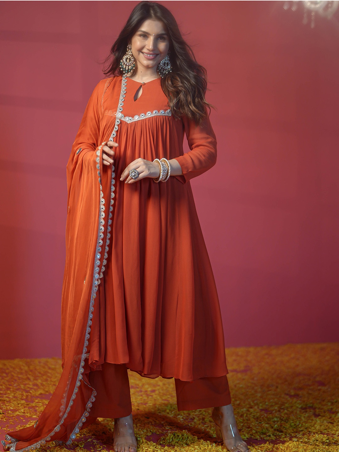 

Bunaai Women Panelled Kurta with Trousers & With Dupatta, Rust