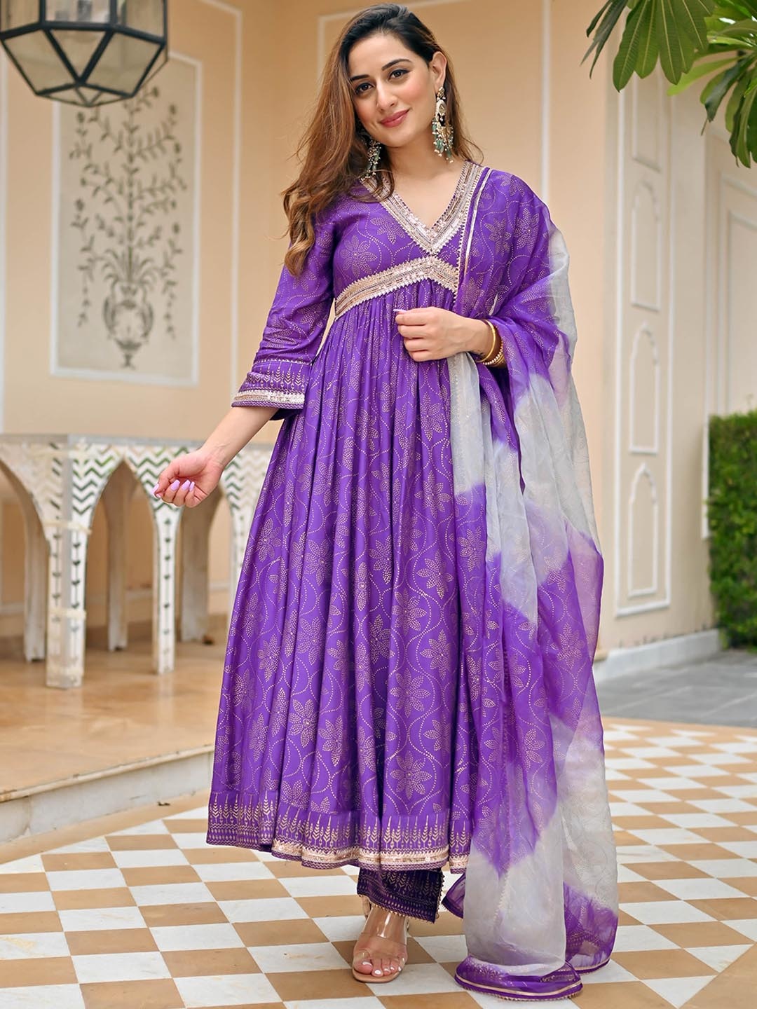 

Bunaai Women Ethnic Motifs Printed Panelled Kurta with Trousers & With Dupatta, Purple