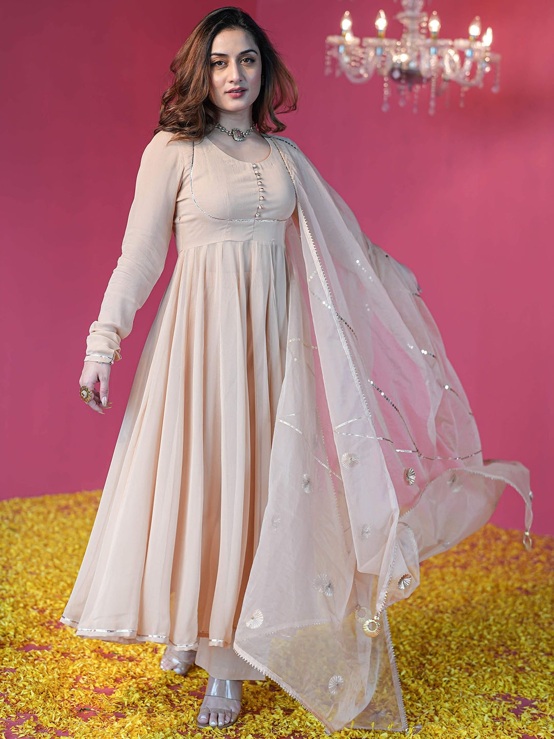 

Bunaai Women Panelled Gotta Patti Kurta with Trousers & With Dupatta, Cream