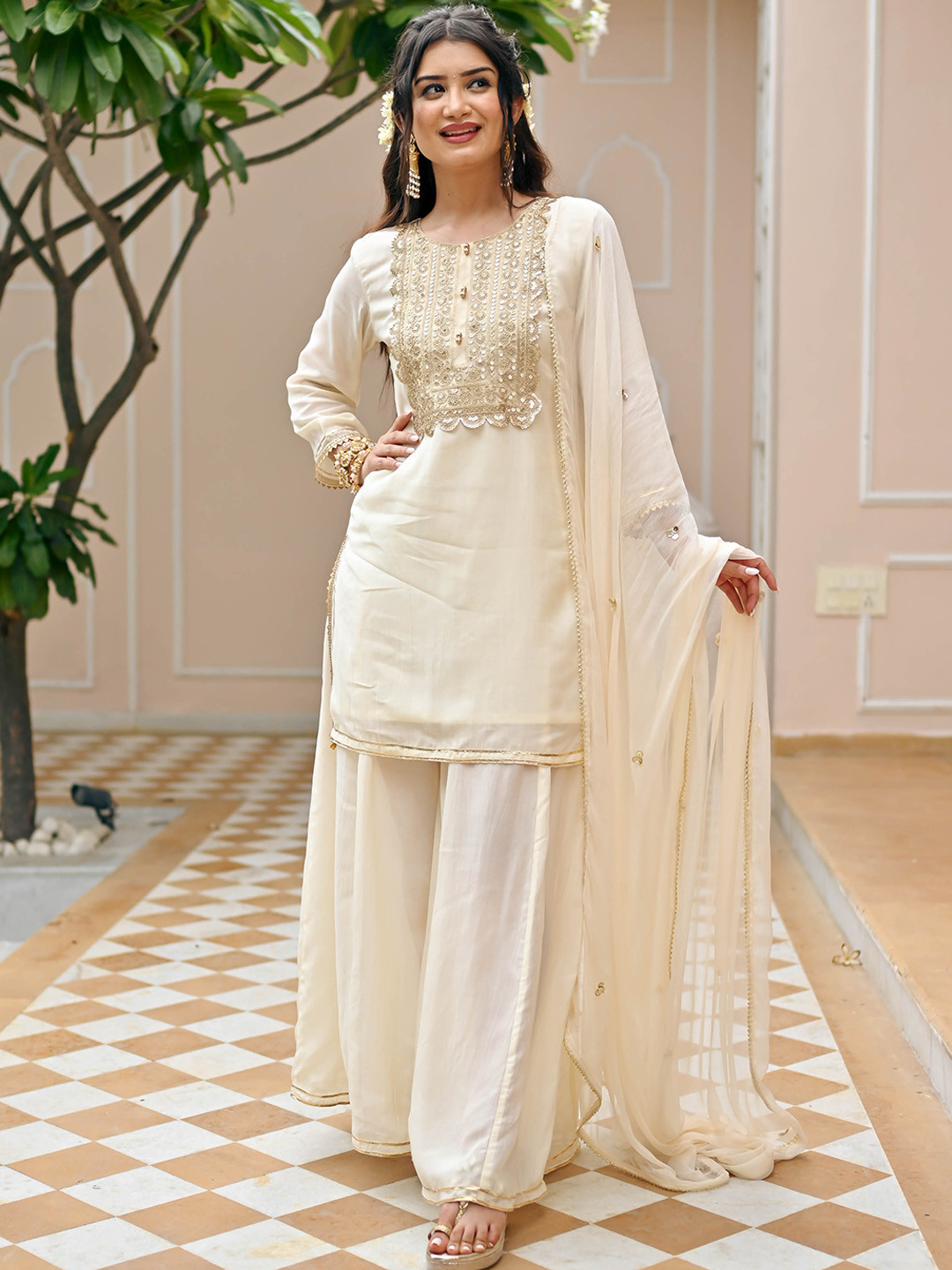 

Bunaai Women Embroidered Regular Kurta with Palazzos & With Dupatta, Cream