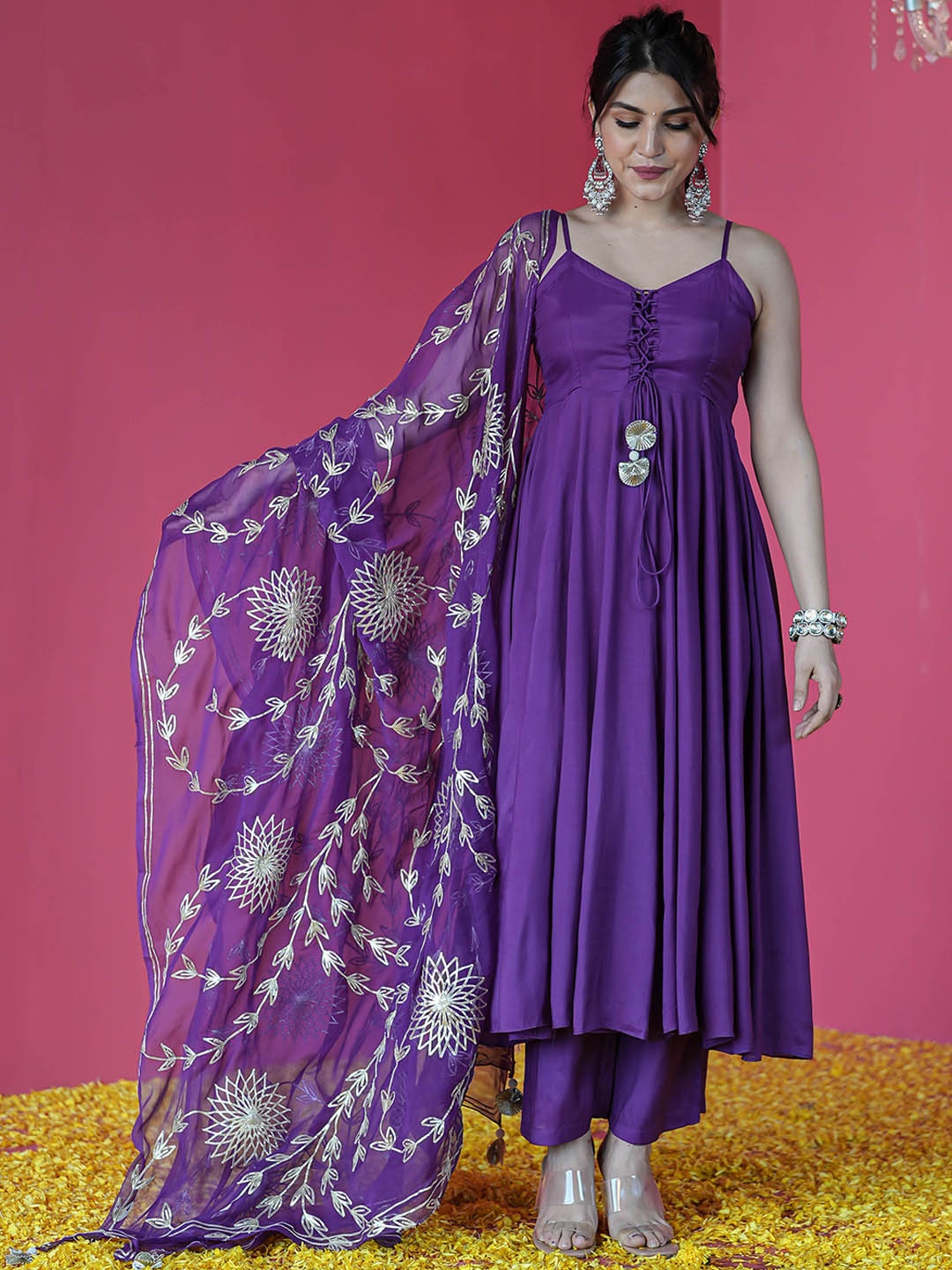 

Bunaai Women Panelled Kurta with Trousers & With Dupatta, Purple