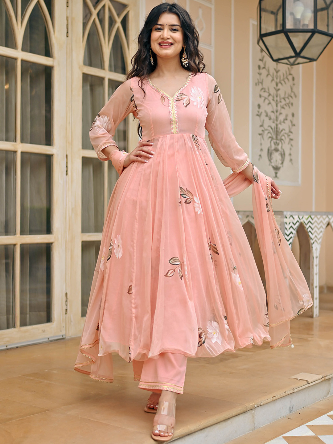 

Bunaai Women Floral Printed Panelled Kurta with Trousers & With Dupatta, Peach