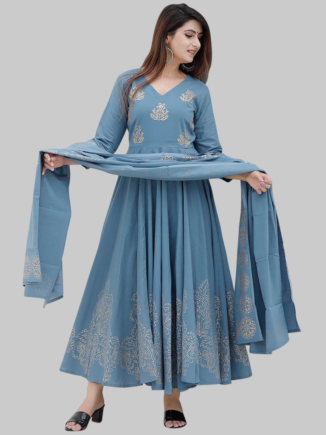 

NEW STYLISH Women Embroidered Flared Sleeves Work Floral Anarkali Kurta, Grey