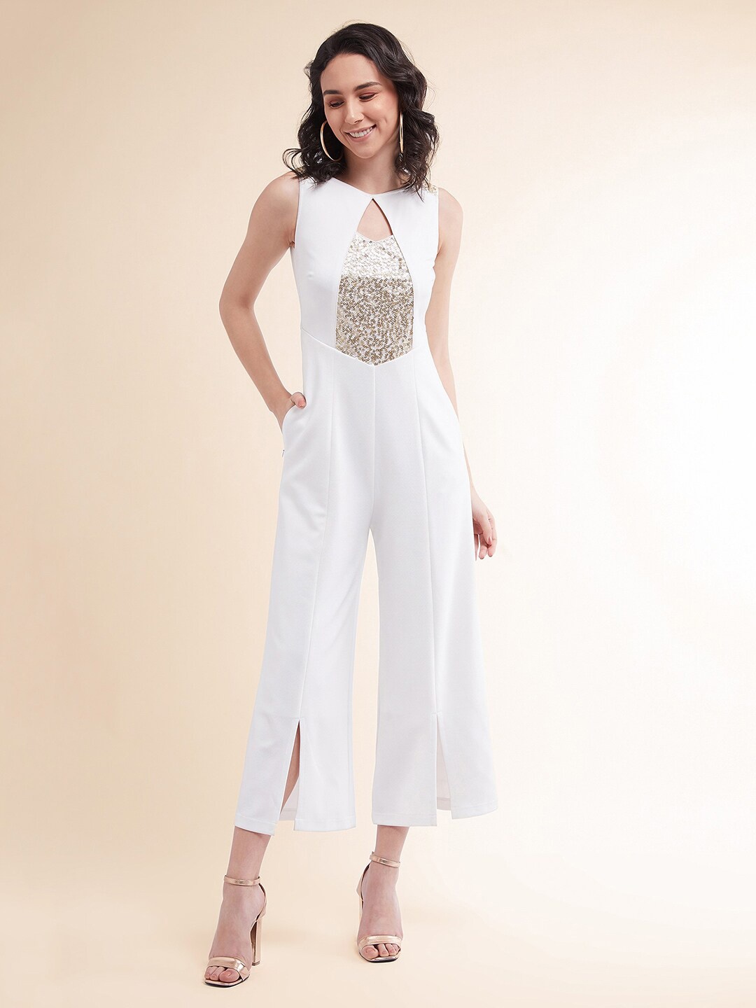 

all about you Women's V- Neck Sequin Panel Wide Leg Embellished Jumpsuit, White