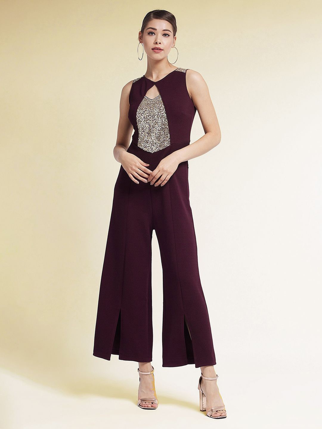 

all about you Women Round Neck Sleeveless Solid Paneled Regular Jumpsuit, Maroon