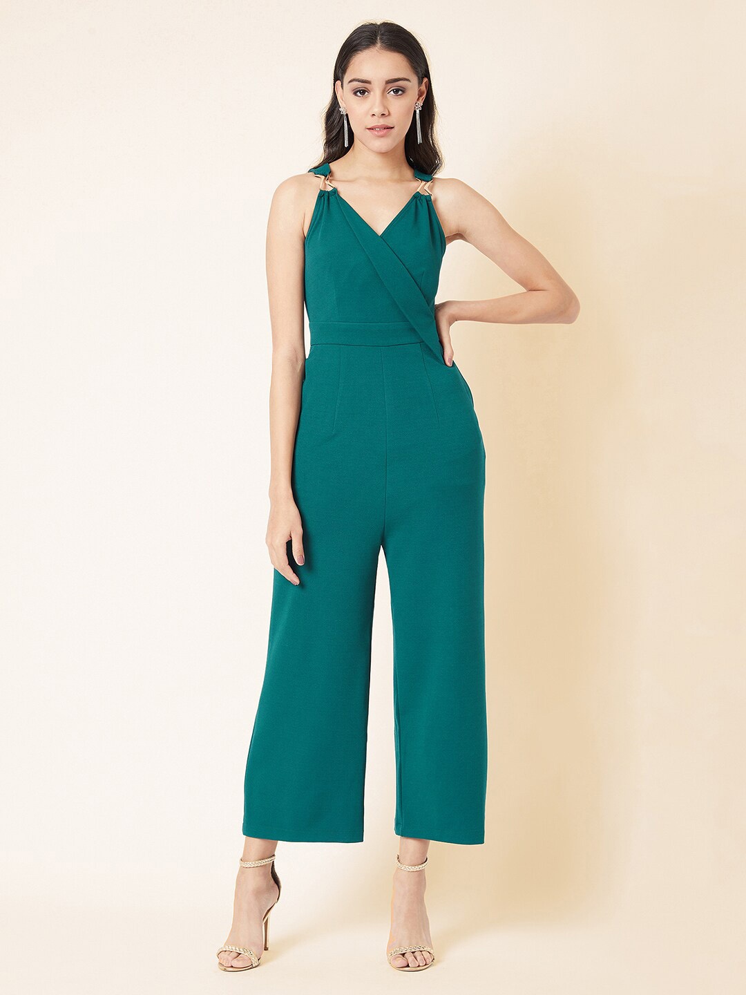 

all about you Women Solid V-Neck Sleeveless Regular Length Wrap Jumpsuit, Green