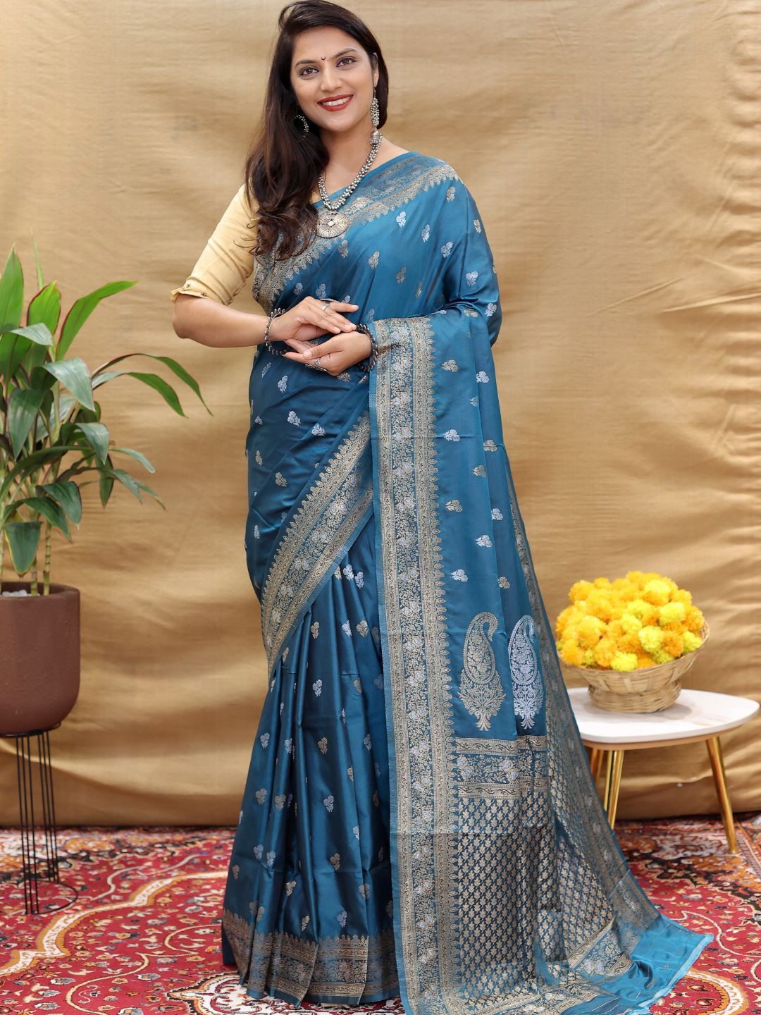 

SGF11 Ethnic Motifs Zari Art Silk Heavy Work Kanjeevaram Saree, Blue