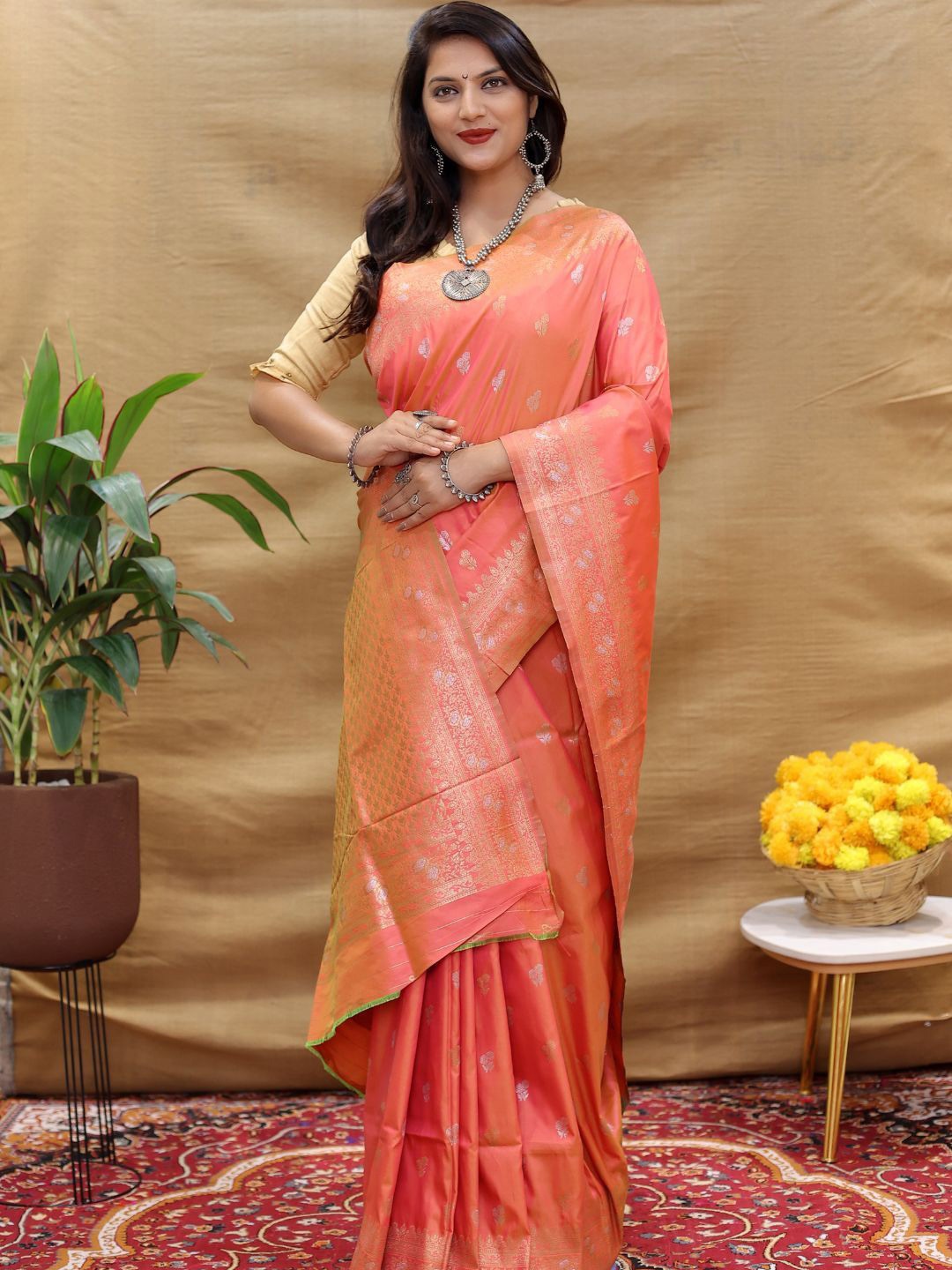 

SGF11 Woven Design Zari Kanjeevaram Saree, Peach