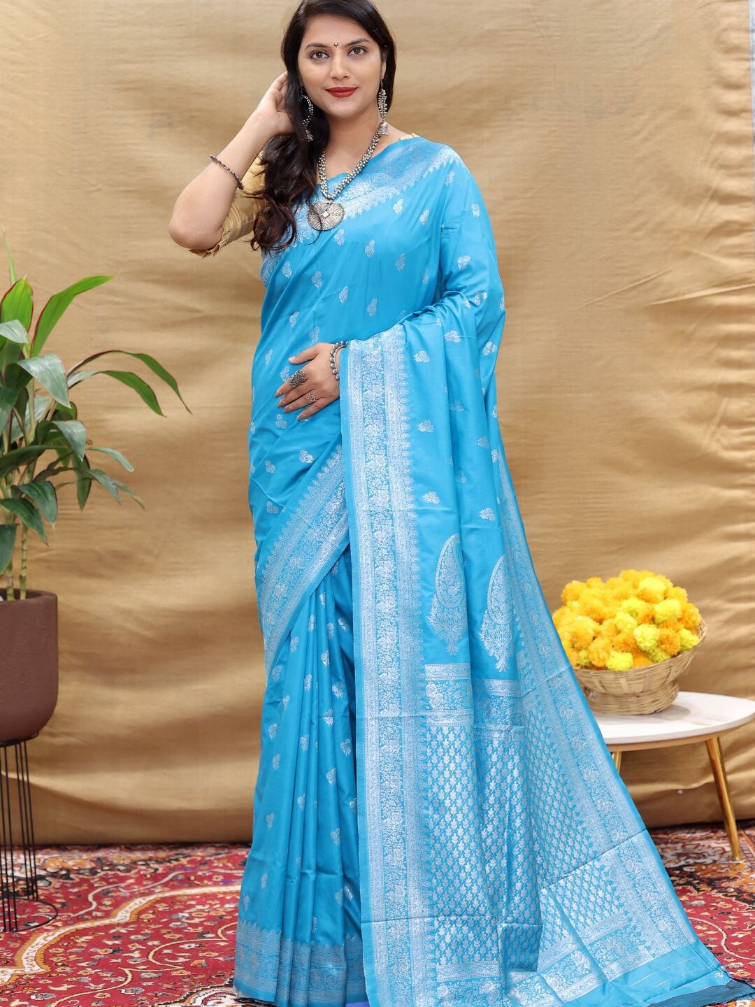 

SGF11 Woven Design Zari Kanjeevaram Saree, Turquoise blue