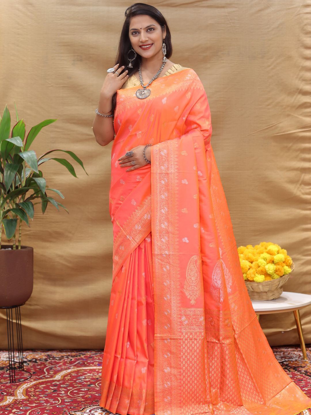 

SGF11 Woven Design Zari Art Silk Kanjeevaram Saree, Orange