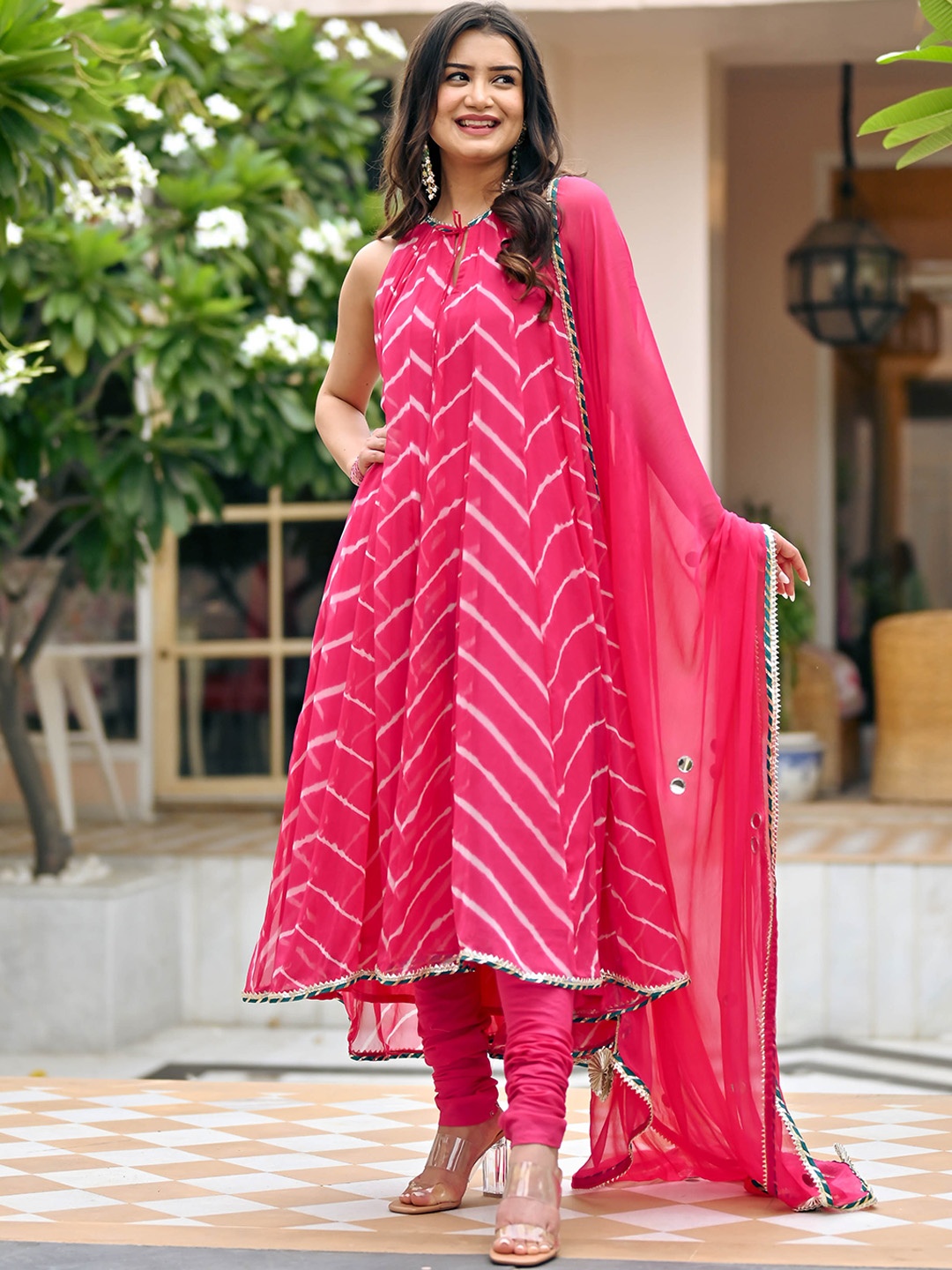 

Bunaai Women Leheriya Printed Layered Gotta Patti Kurta with Churidar & With Dupatta, Pink