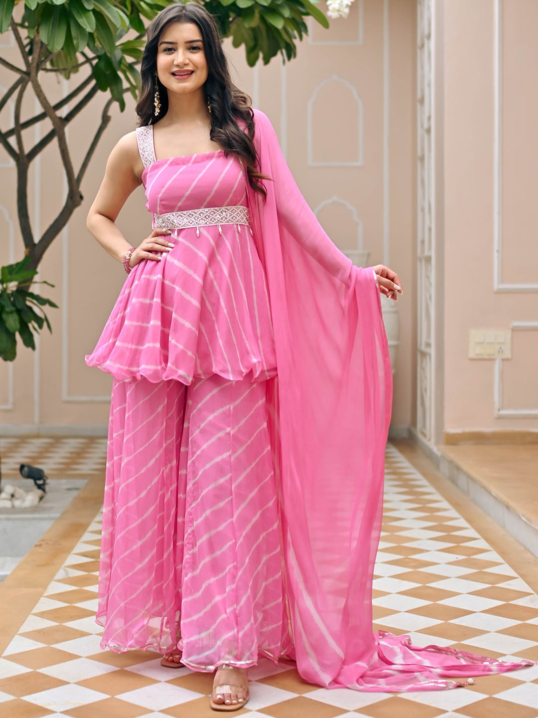 

Bunaai Women Leheriya Striped Panelled Kurti with Palazzos & With Dupatta, Pink