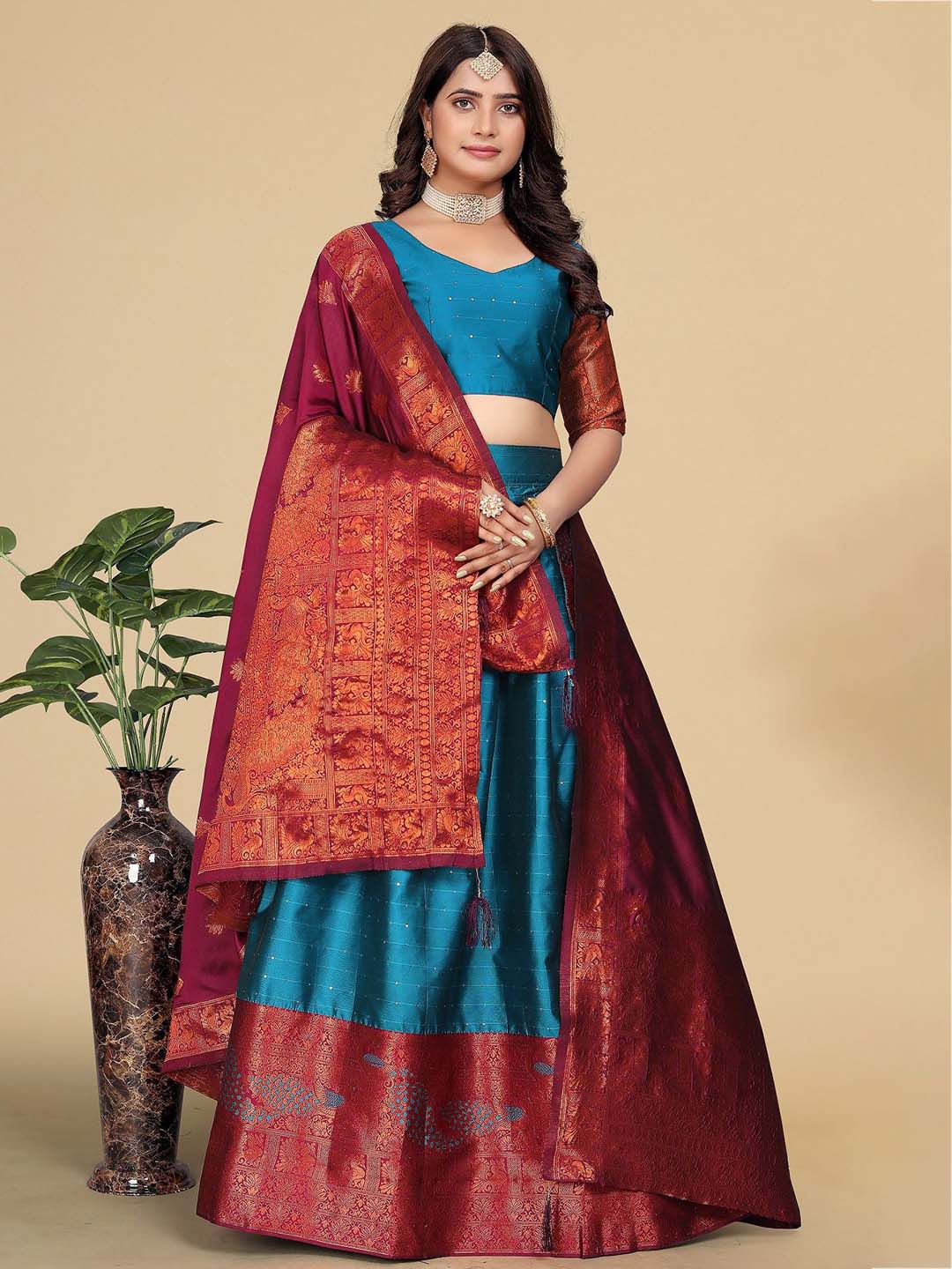 

MAHALASA Semi-Stitched Lehenga & Blouse With Dupatta, Blue