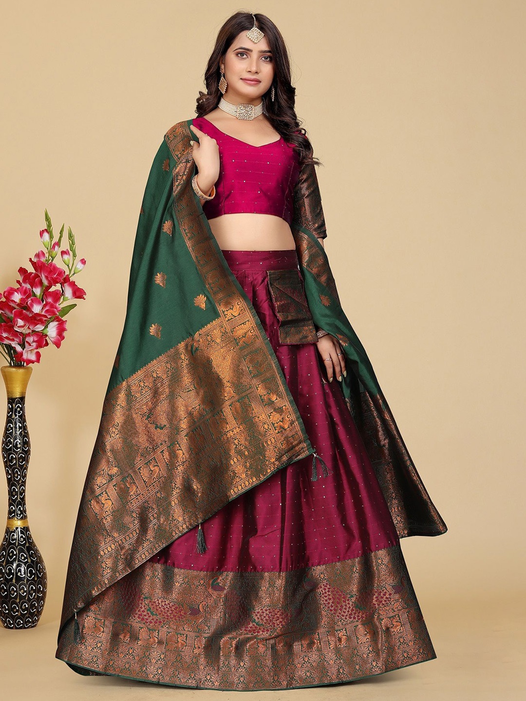 

MAHALASA Semi-Stitched Lehenga & Blouse With Dupatta, Pink