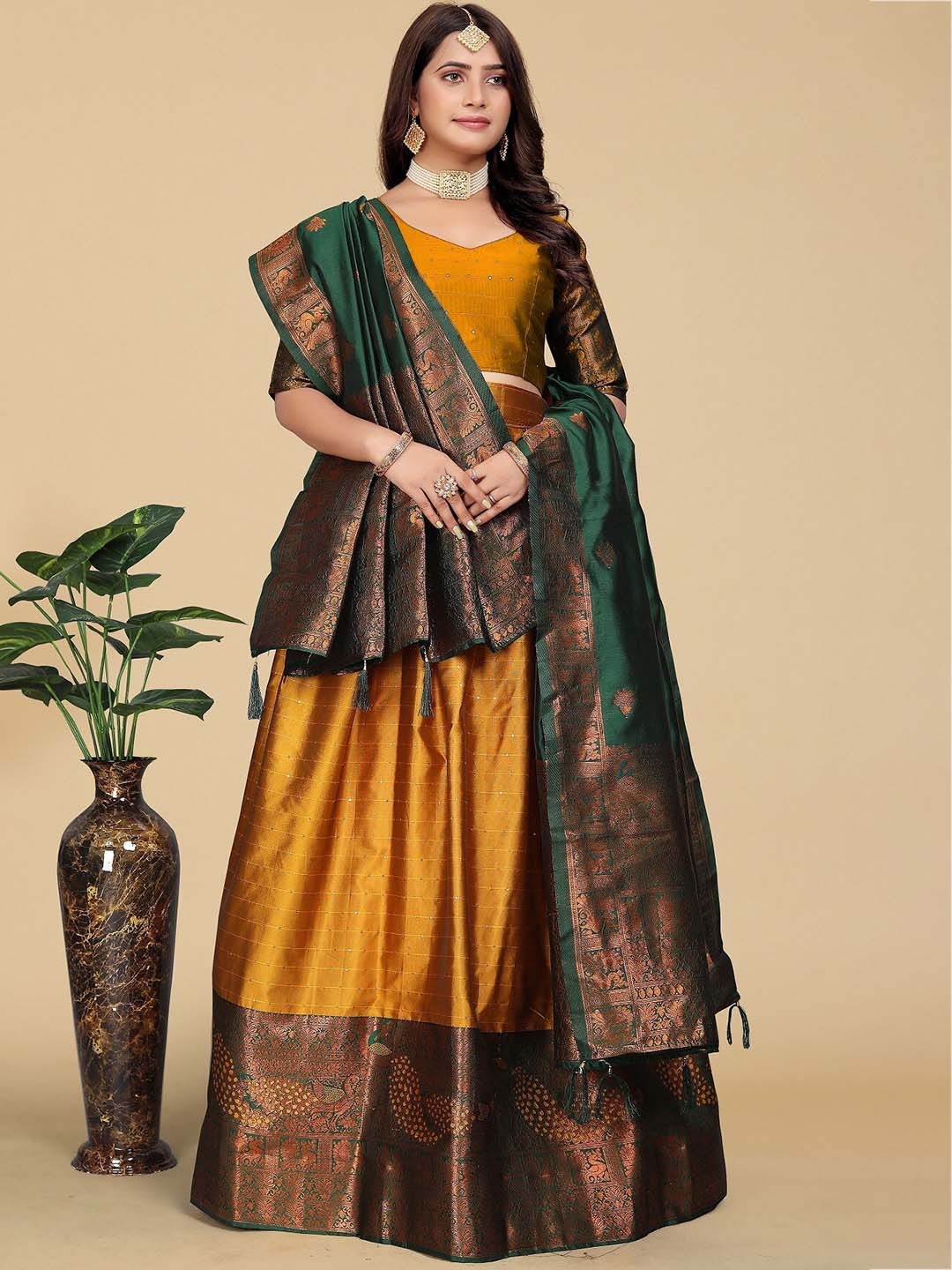 

MAHALASA Semi-Stitched Lehenga & Blouse With Dupatta, Mustard