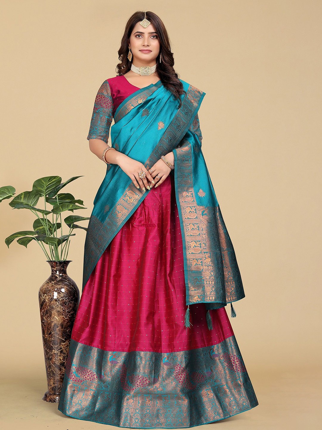 

MAHALASA Semi-Stitched Lehenga & Blouse With Dupatta, Pink