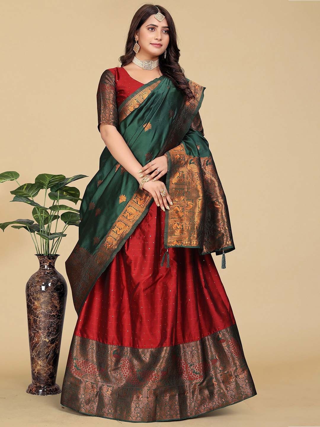 

MAHALASA Semi-Stitched Lehenga & Blouse With Dupatta, Red