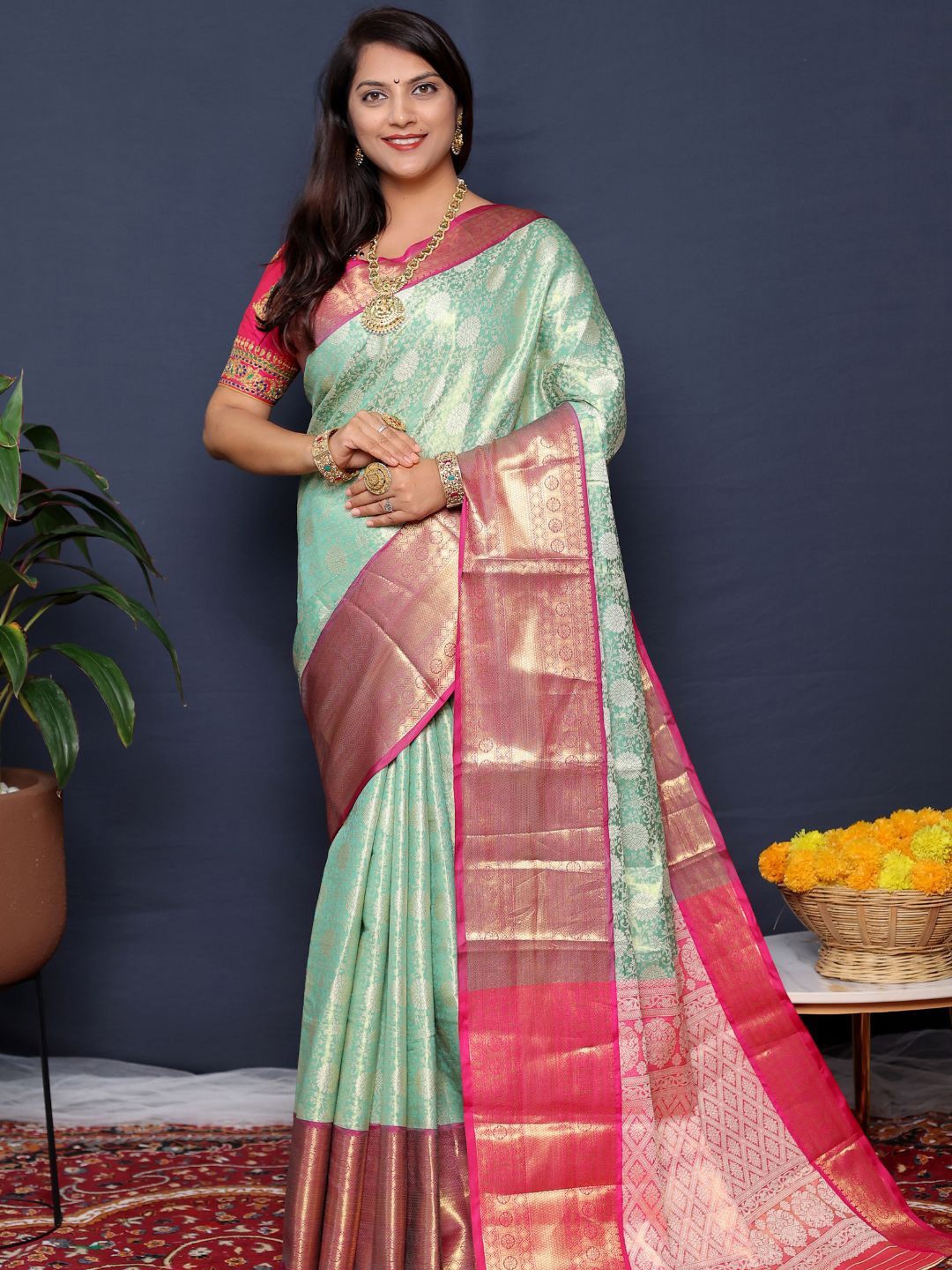 

SGF11 Ethnic Motifs Zari Kanjeevaram Saree, Sea green