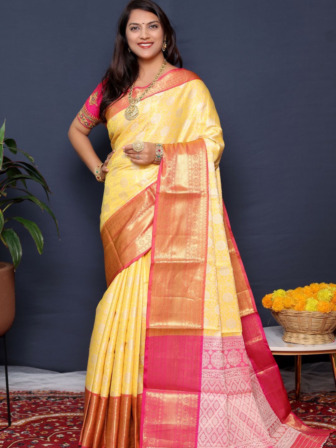 

SGF11 Woven Design Zari Art Silk Kanjeevaram Saree, Yellow