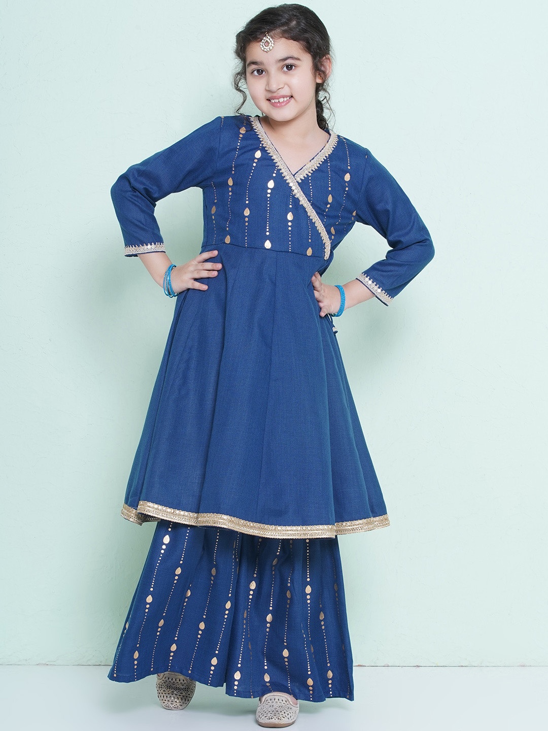 

Bitiya by Bhama Girls Ethnic Motifs Angrakha Pure Cotton Kurta with Sharara, Blue
