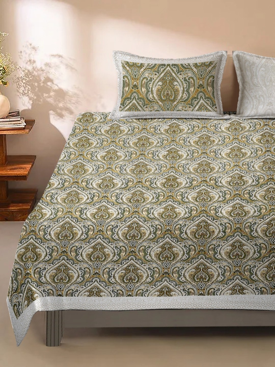 

Rajasthan Decor Green & White Ethnic Motifs 144 TC Queen Bedsheet with 2 Pillow Covers