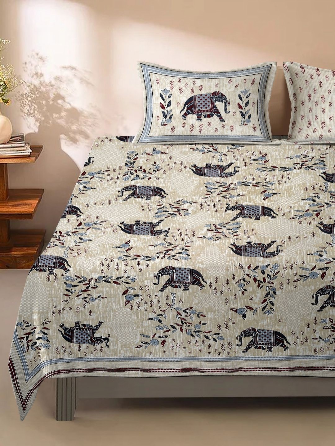 

Rajasthan Decor Beige & Blue Ethnic Motifs 144 TC Queen Bedsheet with 2 Pillow Covers