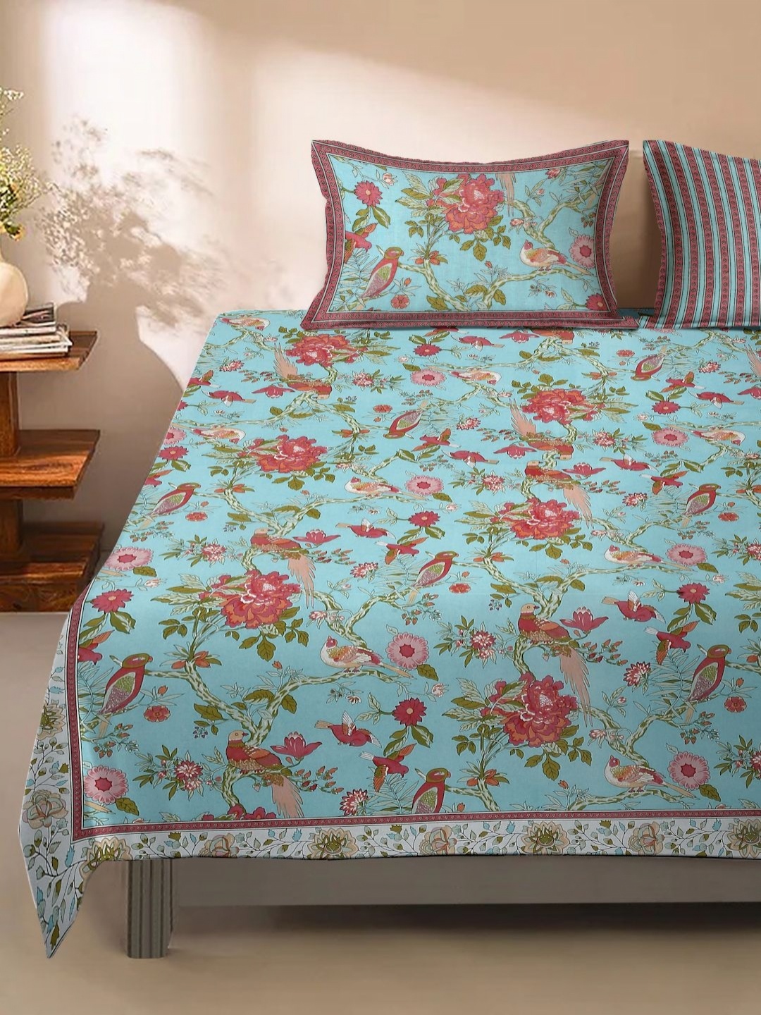 

Rajasthan Decor Blue & Red Floral 180 TC Queen Bedsheet with 2 Pillow Covers