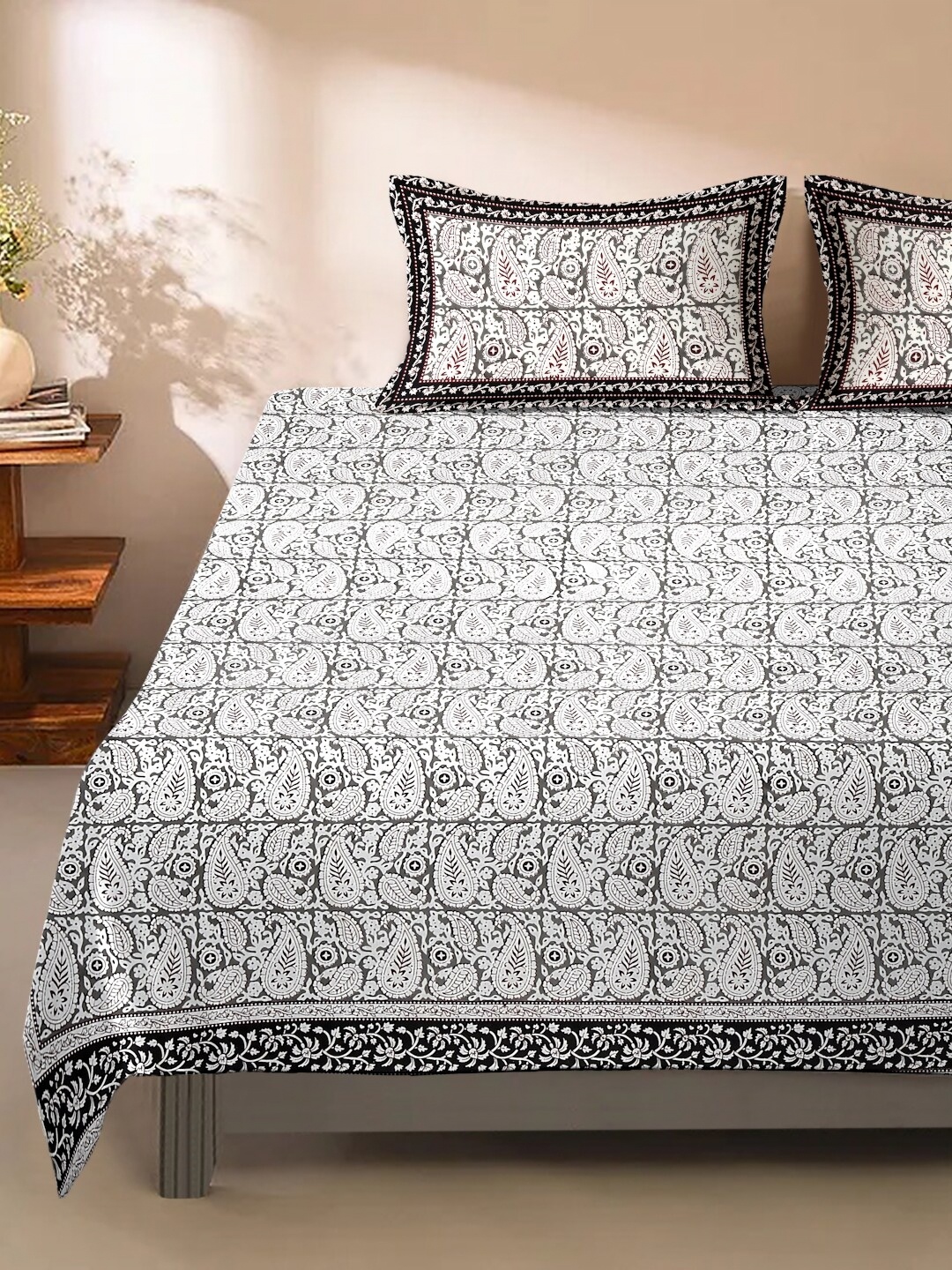 

Rajasthan Decor White & Black Ethnic Motifs 180 TC Queen Bedsheet with 2 Pillow Covers