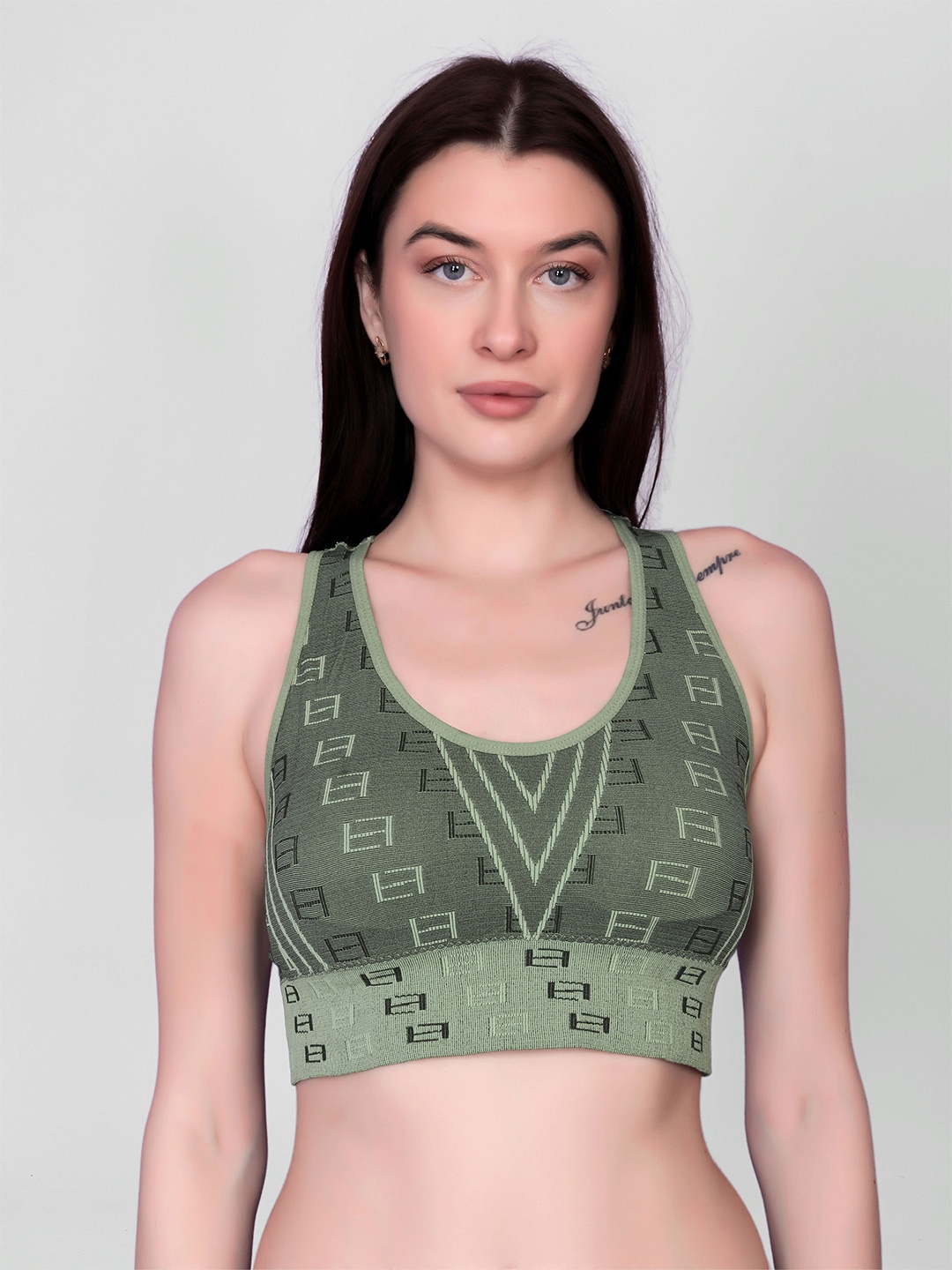 

Flenzy Woven Geometric Self Design Full Coverage Workout Bra, Green
