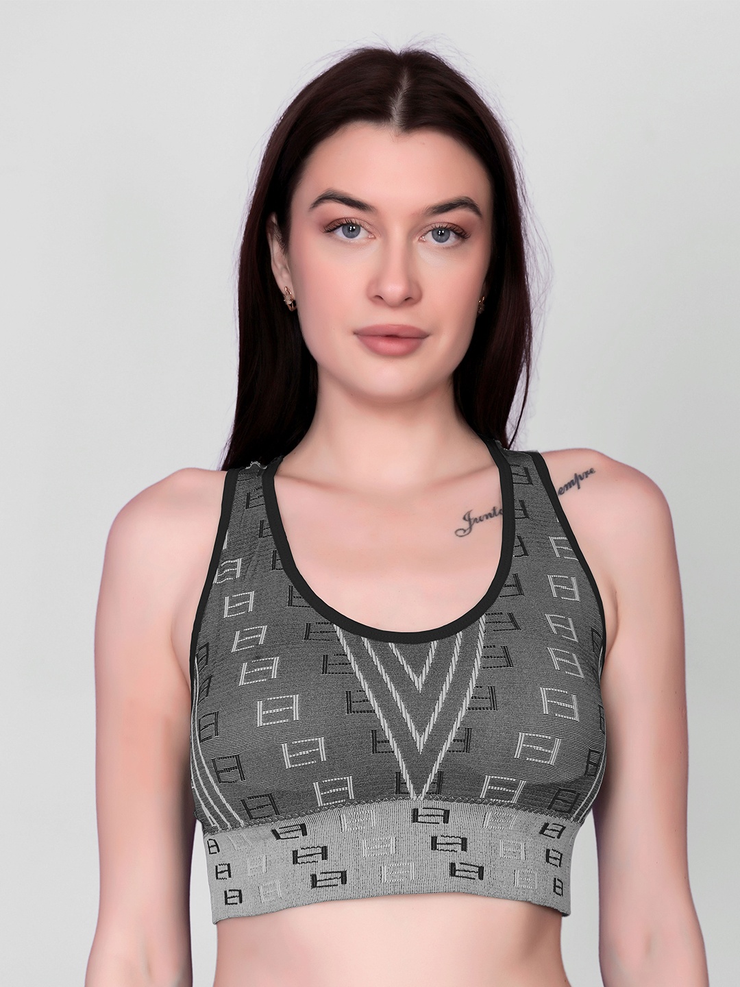 

Flenzy Woven Geometric Self Design Full Coverage Workout Bra, Black